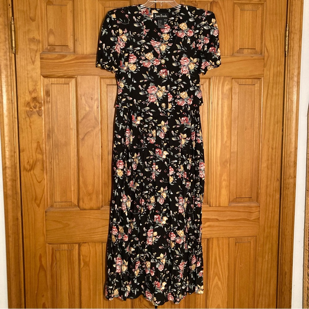 NWOT Jamie Brooke Vintage 80s Maxi Dress Short Sleeve Black Pink Size 10